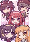  2boys 3girls :d beatmania_iidx black_jacket blazer brown_eyes brown_hair brown_shirt chibi closed_mouth commentary_request fang green_hair grey_shirt hairband headphones highres jacket looking_at_viewer medium_bangs mitsuto_(mamimu) multiple_boys multiple_girls necktie one_eye_closed open_mouth orange_hair pink_hairband red_hairband red_necktie round_teeth shem shirt short_hair siblings sisters smile spiked_hairband spikes spiky_hair split_mouth teeth umegiri_ameto umegiri_hifumi umegiri_iroha upper_body upper_teeth_only waving white_shirt yellow_hairband yellow_shirt yuz_(beatmania_iidx) 