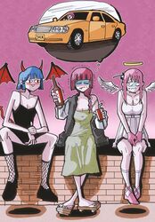  absurdres alcohol angel_wings bat_wings black_dress blue_hair bocchi_the_rock! braid car demon_girl demon_horns demon_wings dress fishnet_thighhighs fishnets gloves gotoh_hitori green_dress halo hansoom_(latebirdwakeup) highres hiroi_kikuri horns motor_vehicle multiple_girls pink_gloves pink_hair purple_hair single_braid sitting thigh-highs white_dress wings yamada_ryo 