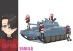  4girls absurdres against_vehicle black_footwear black_hair black_skirt boots brown_eyes character_name closed_mouth commentary cranberry_(girls_und_panzer) crusader_(tank) cup earrings emblem finger_to_mouth girls_und_panzer green_eyes grey_eyes grin hair_over_one_eye hand_in_own_hair highres holding holding_cup jacket jewelry knee_boots knee_up leaning_back long_hair long_sleeves looking_at_viewer makeup mascara military_uniform military_vehicle miniskirt motor_vehicle multiple_girls peach_(girls_und_panzer) pink_hair pleated_skirt qgkmn541 red_jacket redhead rosehip_(girls_und_panzer) short_hair sitting skirt smile st._gloriana&#039;s_(emblem) st._gloriana&#039;s_military_uniform standing stud_earrings studded_footwear tank teacup uniform vanilla_(girls_und_panzer) wavy_hair white_background 