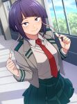  1girl audio_jack blazer boku_no_hero_academia closed_mouth collared_shirt green_skirt grey_jacket highres indoors jacket jirou_kyouka kobaji long_earlobes looking_at_viewer necktie purple_hair red_necktie school_uniform shirt shirt_tucked_in short_hair sidelocks skirt smile solo u.a._school_uniform violet_eyes white_shirt window 