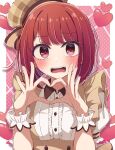  1girl absurdres arima_kana beret blush bob_cut brown_headwear brown_shirt hat hat_ribbon heart heart_hands highres inverted_bob looking_at_viewer meiji_(meizi493) open_mouth oshi_no_ko red_eyes redhead ribbon shirt short_hair solo upper_body 