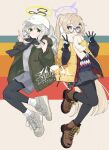  2girls absurdres ashuho black-framed_eyewear blonde_hair blue_archive earmuffs glasses green_eyes grey_hair halo hare_(blue_archive) hare_(camp)_(blue_archive) hat highres kotama_(blue_archive) kotama_(camp)_(blue_archive) long_hair looking_at_viewer multiple_girls official_alternate_costume open_mouth pantyhose ponytail purple_halo smile violet_eyes white_headwear 