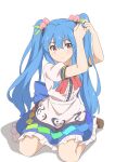 1girl adjusting_hair blue_hair blue_skirt blush brown_footwear center_frills closed_mouth frilled_skirt frills full_body gyouza_(mhea5724) hair_between_eyes highres hinanawi_tenshi long_hair puffy_short_sleeves puffy_sleeves red_eyes shirt shoes short_sleeves sidelocks simple_background skirt solo touhou twintails two_side_up white_background white_shirt