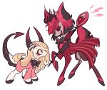  1boy 1girl absurdres alastor_(hazbin_hotel) animal_ears animalization antlers black_bow black_bowtie black_eyes black_hair blonde_hair blush_stickers bow bowtie charlie_morningstar closed_mouth coat colored_sclera colored_skin curly_hair deer deer_antlers deer_ears deer_tail demon_girl demon_horns demon_tail eyeshadow eyewear_strap from_side full_body grey_skin hazbin_hotel highres hooves horns jacket lightning_bolt_symbol long_hair long_sleeves looking_at_another low-tied_long_hair makeup meremero microphone monocle my_little_pony open_mouth pink_jacket pony_(animal) red_coat red_eyes red_eyeshadow red_sclera redhead shirt short_hair simple_background striped_coat tail traditional_bowtie vintage_microphone white_background white_shirt yellow_teeth 