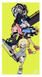  4girls baseball_cap black_hair black_shirt blue_eyes blue_hair blue_skirt border brown_eyes carbon_roller_(splatoon) commentary eyelashes glasses green_background green_eyes grey_shirt gun hat holding holding_gun holding_sword holding_weapon imaikuy0 inkling inkling_girl long_hair maid_headdress mask medium_hair mouth_guard mouth_mask multiple_girls octoling octoling_girl open_mouth pleated_skirt pointy_ears red_eyes red_footwear redhead round_eyewear shirt shoes short_shorts shorts simple_background skirt sleeves_past_wrists slosher_(splatoon) smile splatana_stamper_(splatoon) splatoon_(series) splatoon_3 splattershot_pro_(splatoon) sword symbol-only_commentary tentacle_hair twintails weapon white_border white_footwear 