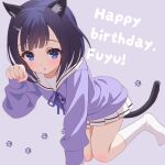  1girl :o all_fours animal_ear_fluff animal_ears black_hair blush cat_ears cat_girl cat_tail character_name chitosezaka_suzu commentary_request fuiba_fuyu gochuumon_wa_usagi_desu_ka? hair_ornament hairclip hand_up happy_birthday highres kneehighs kneeling long_sleeves neck_ribbon no_shoes parted_lips paw_pose pleated_skirt puffy_long_sleeves puffy_sleeves purple_background purple_ribbon purple_shirt ribbon sailor_collar school_uniform serafuku shirt simple_background skirt sleeves_past_wrists socks solo tail violet_eyes white_sailor_collar white_skirt white_socks 