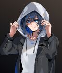  1girl alternate_costume black_jacket blue_eyes blue_hair bow bow_earrings closed_mouth earrings eyelashes fongban_illust gradient_background hololive hololive_english hood hood_up hoodie jacket jewelry looking_at_viewer open_clothes open_jacket ouro_kronii short_hair solo upper_body virtual_youtuber white_hoodie 