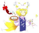  3girls :d ^_^ blonde_hair blue_tabard chen closed_eyes dango dress food fox_girl fox_tail gap_(touhou) gloves hat long_sleeves mob_cap multiple_girls multiple_tails nail_polish nonamejd official_style red_nails sanshoku_dango short_hair smile tabard tail touhou wagashi white_dress white_gloves white_headwear yakumo_ran yakumo_yukari yellow_tail zun_(style) 