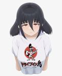  1girl absurdres black_hair fukayama_(0ppaityuki) hair_between_eyes highres long_hair looking_at_viewer print_shirt red_eyes shirt sidelocks simple_background solo white_background white_shirt yamada_tae zombie_land_saga 