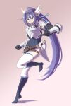 1girl absurdres armor black_footwear blue_eyes boots breastplate hairband highres leg_up long_hair looking_at_viewer mifuyu_(princess_connect!) ponytail princess_connect! purple_hair ru-ru running shoulder_armor solo thigh-highs very_long_hair winged_hairband 