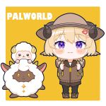  1girl absurdres blonde_hair blush_stickers border brown_footwear brown_headwear brown_jacket brown_pants chibi copyright_name crossover hair_ornament hairclip hat highres hiruno_isu hololive horns jacket lamball looking_at_viewer pal_(creature) palworld pants sheep sheep_girl sheep_horns shoes short_hair simple_background tsunomaki_watame violet_eyes white_border yellow_background 