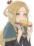  1girl biting blonde_hair blue_capelet blush braid bread bread_slice butter capelet choker commentary dungeon_meshi eating elf english_commentary food french_braid green_eyes hair_around_ear hair_ribbon hands_up highres holding holding_food honey hood hood_down hooded_capelet long_hair long_sleeves looking_ahead marcille_donato milka_(milk4ppl) multiple_braids parted_bangs pointy_ears red_ribbon ribbon side_braid simple_background solo sparkle tearing_up white_background 