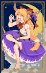  1girl art_nouveau bow chain clouds cuffs hair_bow highres horn_bow horn_ornament horn_ribbon horns ibuki_suika looking_to_the_side moon night night_sky oni open_mouth orange_hair pointy_ears red_bow ribbon shackles sky soretsu_nitohei touhou 