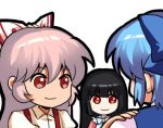  3girls black_hair blue_dress blue_hair bow bowtie cirno dress fujiwara_no_mokou hair_bow hand_on_another&#039;s_shoulder houraisan_kaguya jokanhiyou looking_at_another lowres multiple_girls pink_dress red_eyes shirt simple_background smile suspenders touhou white_background white_hair white_shirt 