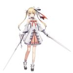  1girl absurdres blonde_hair bow breasts character_request closed_mouth collar detached_sleeves dress dress_bow dual_wielding footwear_bow full_body gloves hair_bow highres holding holding_sword holding_weapon long_hair looking_at_viewer mikisai omoi_no_kasanaru_rakuen_no_senjou._soshite_futari_wa_buki_wo_totta orange_bow platform_footwear pleated_skirt pleated_sleeves scrunchie simple_background skirt small_breasts smile socks solo standing strapless strapless_dress sword tachi-e twintails weapon white_background white_bow white_collar white_gloves white_skirt white_sleeves white_socks wrist_scrunchie 