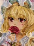  1girl blonde_hair close-up covering_own_mouth flandre_scarlet flower hat highres holding holding_flower mob_cap red_eyes red_flower red_rose rose solo touhou white_headwear wrist_cuffs yuuren_kyouko 