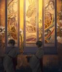  2boys black_hair bottle chinese_zodiac geki hanging_scroll highres hise indoors multiple_boys oni original sake_bottle scroll shinto signature standing tapestry wide_sleeves year_of_the_dragon 
