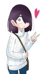  1girl :o absurdres black_hair blue_pants hair_over_one_eye hand_up heart highres jijou_wo_shiranai_tenkousei_ga_guigui_kuru. kawamura_taku medium_hair nishimura_akane open_mouth pants simple_background solo sweater turtleneck turtleneck_sweater v white_background white_eyes white_sweater 