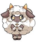  1girl animal_ears dark_skin full_body gijinka horns looking_at_viewer murasakigezi palworld personification sheep sheep_girl simple_background smile solo standing 