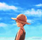  1boy aged_down artist_name bare_shoulders black_hair child clenched_teeth clouds cloudy_sky commentary_request hat male_focus monkey_d._luffy one_piece outdoors scar scar_on_cheek scar_on_face short_hair sky smile solo straw_hat teeth tsuyomaru twitter_username 