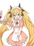  1girl alternate_costume apron blonde_hair blush clear_(djmax) cowboy_shot dessert djmax djmax_respect doughnut dress enmaided food gloves hair_ornament hand_up highres holding holding_tray looking_at_viewer maid maid_apron maid_headdress open_mouth orange_dress parfait short_sleeves simple_background smile solo tray upper_body uranium10 whipped_cream white_apron white_background white_gloves 