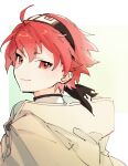  1girl ahoge amagai_hosina cloak closed_mouth eris_greyrat flat_chest from_side hair_between_eyes hairband jacket lips looking_back mushoku_tensei red_eyes redhead short_hair simple_background smile solo upper_body white_cloak white_jacket 