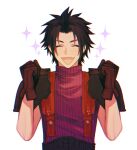  1boy armor belt black_belt black_hair brown_gloves clenched_hands closed_eyes crisis_core_final_fantasy_vii d8j0j fang final_fantasy final_fantasy_vii gloves hands_up happy highres male_focus open_mouth parted_bangs pauldrons purple_sweater short_hair shoulder_armor simple_background skin_fang sleeveless sleeveless_turtleneck solo sparkle spiky_hair suspenders sweater turtleneck upper_body white_background zack_fair 