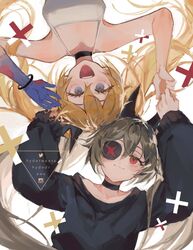  2girls :3 :d bangle black_choker black_nails black_sweater blonde_hair blue_eyes bracelet brown_hair camisole choker clear_(djmax) closed_mouth djmax djmax_respect eyepatch fail_(djmax) from_above hair_spread_out highres hyde_(hai-do) jewelry long_hair long_sleeves looking_at_another lying multiple_girls on_back open_mouth red_eyes simple_background smile sweater teeth twitter_username upper_body upper_teeth_only watermark white_background white_camisole 