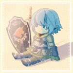  1boy armor bloom blue_eyes chainmail character_doll closed_mouth final_fantasy final_fantasy_xiv haurchefant_greystone no_humans shield simple_background sitting smile stuffed_toy sword weapon wuze_zeei 