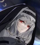  1girl arknights black_veil close-up commentary crescent_moon from_below grey_hair habit highres long_hair looking_at_viewer looking_down mo_komo_momo moon nun parted_lips red_eyes smile solo specter_(arknights) symbol-only_commentary veil 