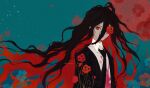  1boy artist_name black_hair black_jacket black_necktie blood blood_on_clothes blood_on_face blue_background collared_shirt colored_inner_hair commentary danganronpa_(series) danganronpa_2:_goodbye_despair expressionless flower flower_over_eye hair_between_eyes highres jacket kamukura_izuru liang_cun_rakuna long_hair looking_at_viewer male_focus messy_hair multicolored_hair necktie one_eye_covered poppy_(flower) red_background red_eyes red_flower redhead shirt simple_background solo suit symbol-only_commentary twitter_username two-tone_background upper_body very_long_hair white_shirt wing_collar 