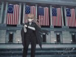  1girl absurdres american_flag black_coat black_gloves black_pants black_vest brown_eyes brown_hair coat gloves highres kkkk_(laa2973) long_hair looking_at_viewer novelpia pants shirt solo vest white_shirt 