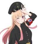  belt black_cat03 black_headwear black_necktie black_shirt blonde_hair british_union_of_fascists colored_tips fascist gradient_hair highres kitagawa_marin military_uniform multicolored_hair necktie pink_eyes pink_hair pink_nails shirt smile sono_bisque_doll_wa_koi_wo_suru uniform 