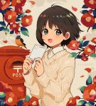  1girl :d animal aran_sweater arisa_(aren) bird blush brown_hair cable_knit collared_shirt commentary_request dot_nose flower grey_eyes hands_up highres holding holding_paper long_sleeves looking_at_viewer open_mouth original paper petals plant postbox_(outgoing_mail) red_flower shirt short_hair signature smile solo split_mouth sweater upper_body white_shirt yellow_sweater 
