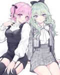  2girls :&lt; :o black_bow black_corset black_ribbon black_thighhighs blush bow bowtie buttoned_cuffs corset cowboy_shot cropped_jacket dot_nose earrings garter_straps green_hair grey_skirt hair_between_eyes hair_bow hair_ribbon hand_on_own_thigh hand_up head_tilt heart heart_earrings high-waist_skirt highres jacket jewelry kusanagi_nene legs_together long_bangs long_sleeves looking_at_viewer multiple_girls ootori_emu open_clothes open_jacket parted_lips pink_eyes pink_hair plaid plaid_jacket plaid_skirt pnyo_emc project_sekai ribbon shirt short_hair side-by-side sidelocks simple_background sitting skirt surgeon_cuffs thigh-highs thighs violet_eyes white_background white_bow white_shirt 