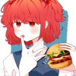  1girl blue_background blush burger commentary eik_s2 food hair_bobbles hair_ornament highres holding holding_food looking_at_viewer onozuka_komachi red_eyes redhead solo symbol-only_commentary tongue tongue_out touhou two_side_up upper_body 