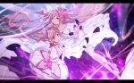  bow dress floating_hair gloves goddess_madoka highres kaname_madoka mahou_shoujo_madoka_magica mahou_shoujo_madoka_magica_(anime) pink_dress pink_hair shan_tong_tong space white_dress white_gloves yellow_eyes 