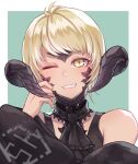  1girl ascot au_ra black_ascot black_dress blonde_hair blush detached_sleeves dragon_horns dress final_fantasy final_fantasy_xiv hand_on_own_chin highres horns lips looking_at_viewer one_eye_closed scales shiroesa short_hair simple_background solo teeth upper_body warrior_of_light_(ff14) yellow_eyes 