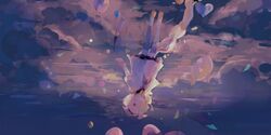  1girl ankle_socks balloon blonde_hair blue_sky bow closed_eyes closed_mouth clouds cloudy_sky commentary confetti dated_commentary expressionless falling flower frilled_shirt_collar frills full_body hair_bow hair_ornament hairclip heart_balloon highres kagamine_rin lobelia_(saclia) neckerchief pink_neckerchief puffy_short_sleeves puffy_sleeves shirt shoes short_hair short_shorts short_sleeves shorts sky socks solo upside-down vocaloid white_bow white_shirt white_shorts white_sleeves white_socks yellow_flower 