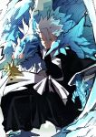  1boy absurdres angry bankai black_hakama black_kimono bleach blue_eyes closed_mouth color_banding cryokinesis daiguren_hyourinmaru_(bankai) forehead full_body glowing hair_over_one_eye hakama halftone_texture haori highres hitsugaya_toushirou ice ice_dragon ice_wings isaacchief300 japanese_clothes jpeg_artifacts kimono long_sleeves looking_at_viewer male_focus on_one_knee sash shihakusho shinigami sidelighting solo sparkle spiky_hair sword taichou_haori weapon white_hair white_sash wide_sleeves wings zanpakutou 