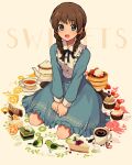  1girl :d animal aqua_dress aqua_eyes arisa_(aren) bird black_eyes black_ribbon blueberry blush braid brown_hair buttons cherry coffee commentary_request cookie cranberry cup dot_nose dress drink flower flower_(symbol) food frilled_dress frills fruit full_body green_bird green_flower grey_background hair_over_shoulder highres lemon lemon_slice long_hair long_sleeves looking_at_viewer mug neck_ribbon open_mouth orange_(fruit) orange_slice original pie pink_flower ribbon saucer sitting smile solo strawberry sugar_cube teapot twin_braids twintails v_arms yellow_flower 