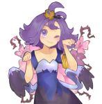  1girl ;3 acerola_(pokemon) artist_name blue_dress closed_mouth cowboy_shot dress flipped_hair looking_at_viewer multicolored_clothes multicolored_dress one_eye_closed paw_pose pokemon pokemon_sm purple_hair short_eyebrows short_hair short_sleeves simple_background smile solo stitches topknot topopopokoko twitter_username violet_eyes white_background 