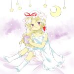 1girl blonde_hair bloomers blush closed_mouth collarbone crescent cup dress flat_chest hat hat_ribbon holding holding_cup long_hair looking_to_the_side mob_cap mug nonamejd official_style red_ribbon ribbon sitting smile socks solo star_(symbol) touhou violet_eyes wavy_hair white_bloomers white_dress white_headwear white_socks yakumo_yukari zun_(style) 