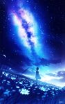  1girl absurdres backlighting blue_theme blurry clouds depth_of_field dress english_commentary field flower grass highres meteor_shower milky_way night night_sky original scenery short_hair signature sky skyrick9413 standing star_(sky) starry_sky white_flower 