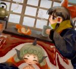  2girls artist_request black_hair bow brown_eyes closed_eyes food frilled_hair_tubes frills fruit green_hair hair_bow hair_tubes hakurei_reimu highres horns hot_drink indoors komano_aunn kotatsu multiple_girls orange_(fruit) red_bow ribbon_trim short_hair table touhou winter 