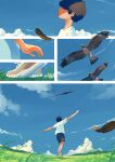  1boy absurdres bird black_hair blue_shorts blue_sky clouds day feathers highres male_focus original outdoors outstretched_arms shirt short_hair shorts sky solo taizo4282 white_shirt 