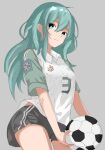  1girl alternate_costume aqua_hair ball black_shorts cowboy_shot green_eyes grey_background highres holding holding_ball kantai_collection long_hair miron_(mirona33) raglan_sleeves shirt shorts simple_background soccer_ball soccer_uniform solo sportswear suzuya_(kancolle) telstar white_shirt 