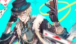  1boy adjusting_eyewear aqua_background aventurine_(honkai:_star_rail) black_gloves black_headwear blonde_hair card earrings fur_trim glasses gloves green_shirt hair_between_eyes hat highres holding honkai:_star_rail honkai_(series) jacket jewelry long_sleeves looking_at_viewer male_focus pectoral_cleavage pectorals shirt short_hair simple_background sketch solo upper_body yinyanpx 