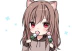  1girl animal_ear_fluff animal_ears anz32 bad_source blush brown_hair brown_shirt cat_ears cat_girl chibi dot_nose eating flat_chest food food_in_mouth food_request hair_between_eyes holding holding_food hood hood_down long_hair long_sleeves looking_at_viewer lowres nina_(anz32) original red_eyes shirt simple_background smile solo upper_body white_background 