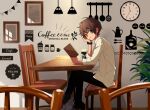  1boy arisa_(aren) black_eyes black_pants brown_hair cafe chair clock closed_mouth collared_shirt commentary crossed_legs cup dial earrings foot_out_of_frame hand_on_own_face head_rest highres holding indoors jewelry light_smile long_sleeves looking_at_viewer male_focus menu on_chair orange_eyes original pants picture_frame plant potted_plant shirt short_hair sitting sleeves_pushed_up solo sunlight table turning_head watch watch white_shirt wooden_chair wooden_table 